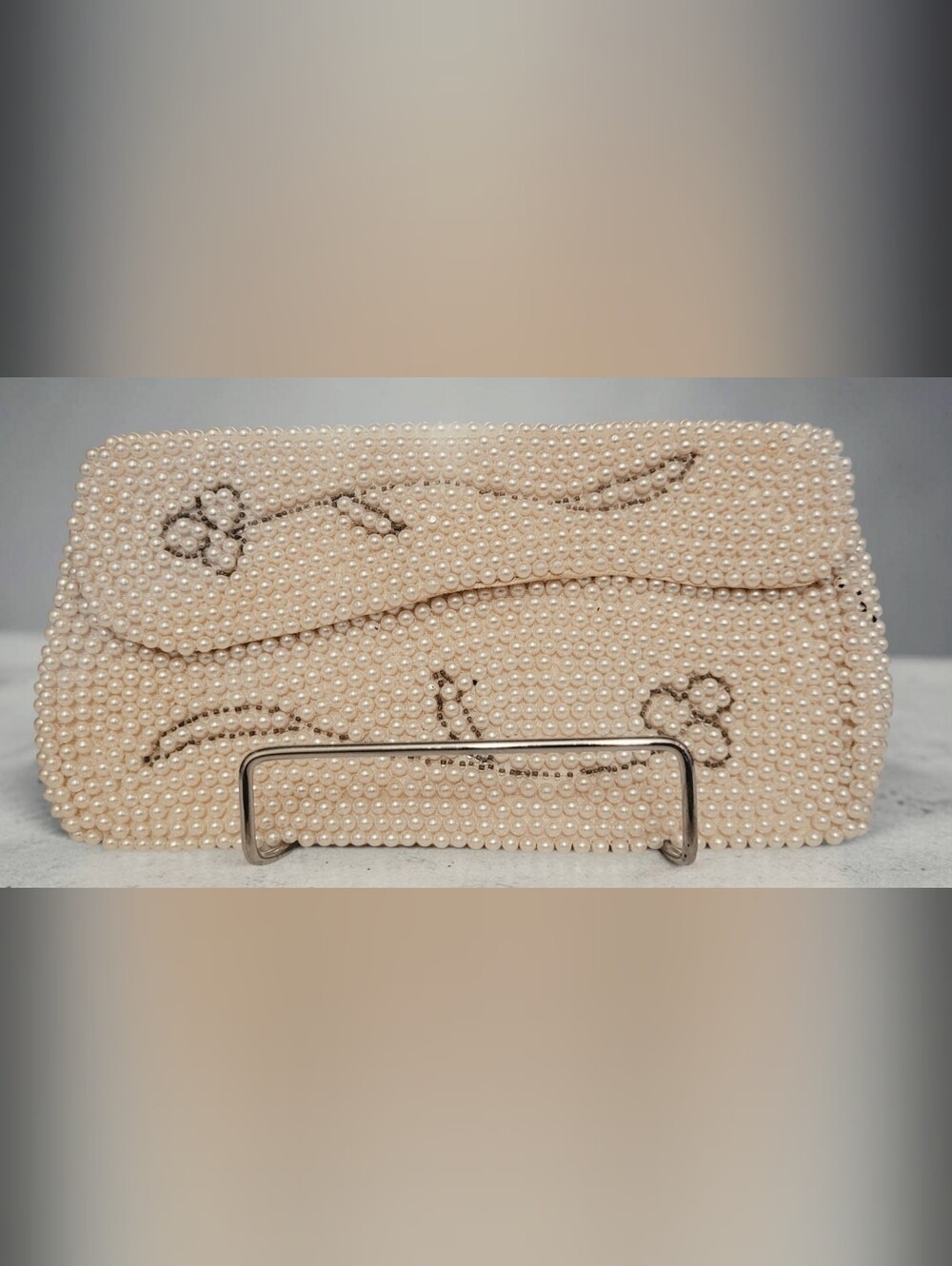 Vintage Elegant Faux Pearl Embellished Clutch, 1960's Clutch